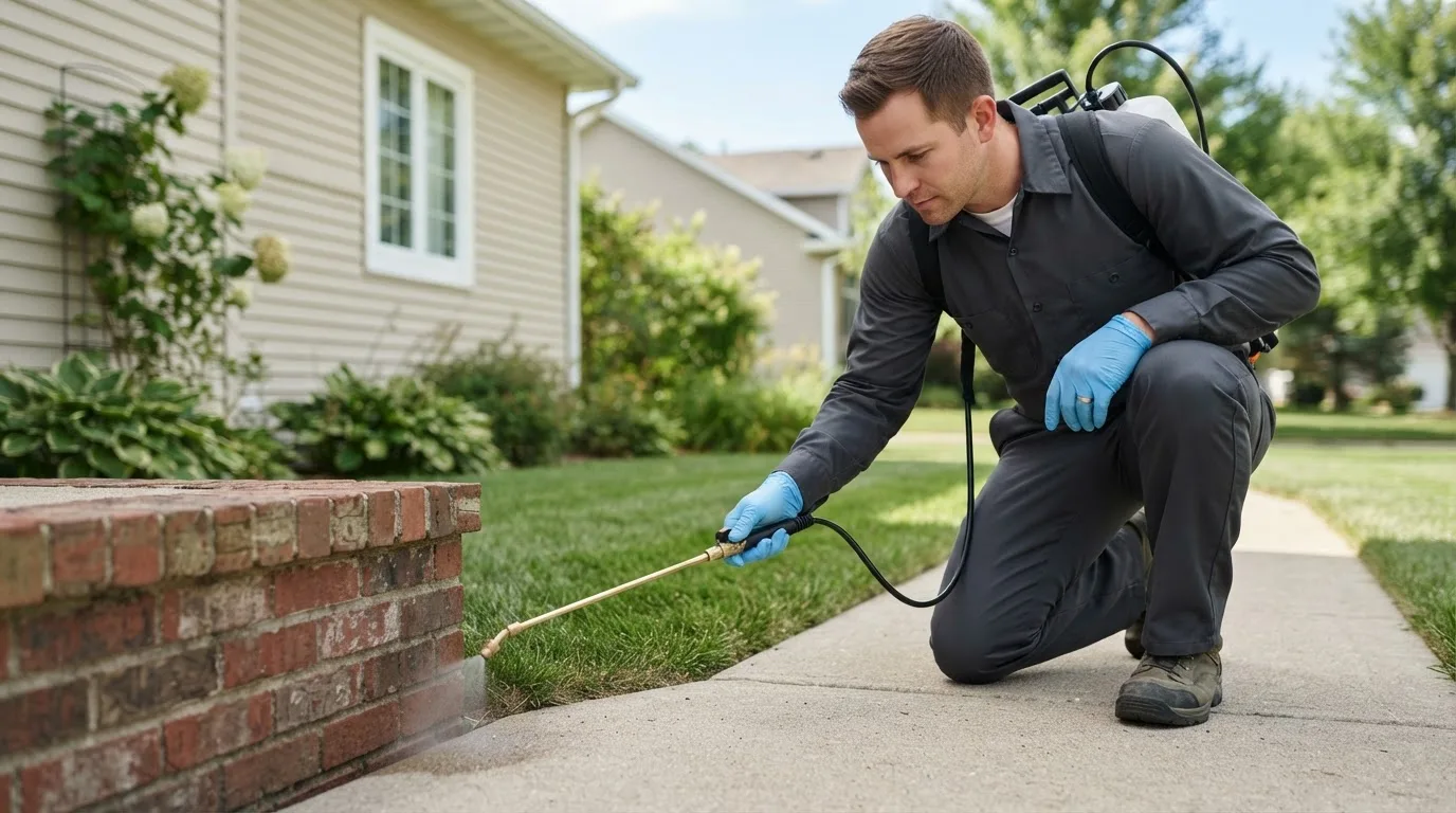 Pest control technician treating a home near Nine Mile Falls, WA